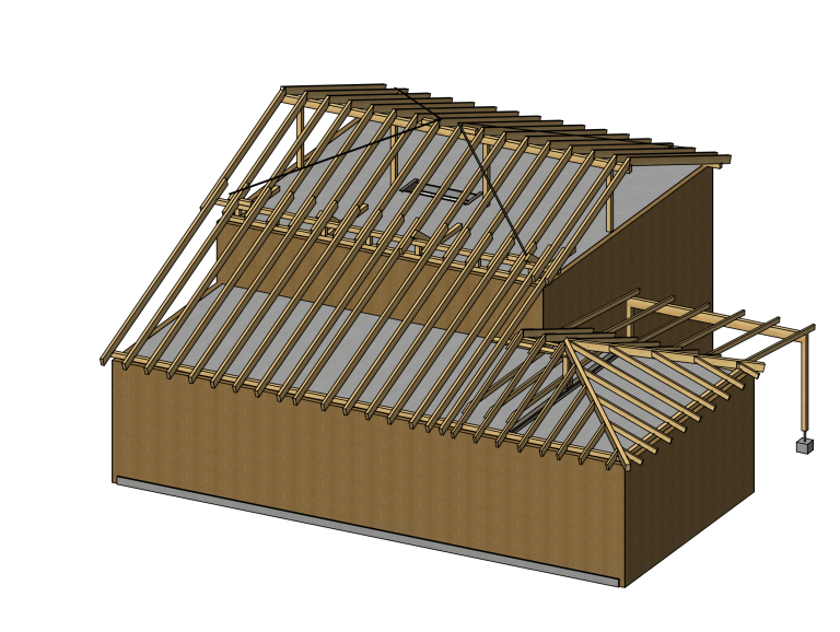 3D-Modell der neuen Dachkonstruktion über dem verspringenden Bestandsgebäude