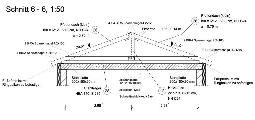 Dachschnitt mit Holzstütze und Stahlträger zur Lastweiterleitung auf die Außenwände