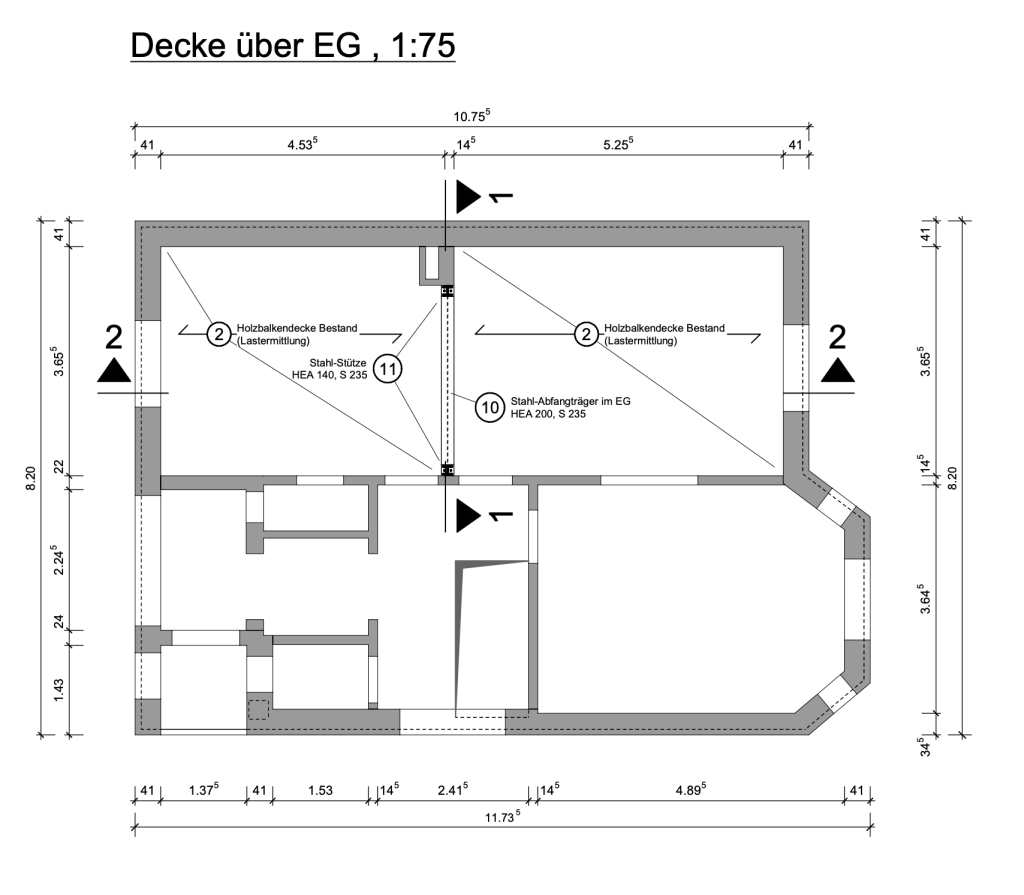 Tragwerksplan der Wandentfernungen mit Stahl-Abfangträger und Stahlstütze